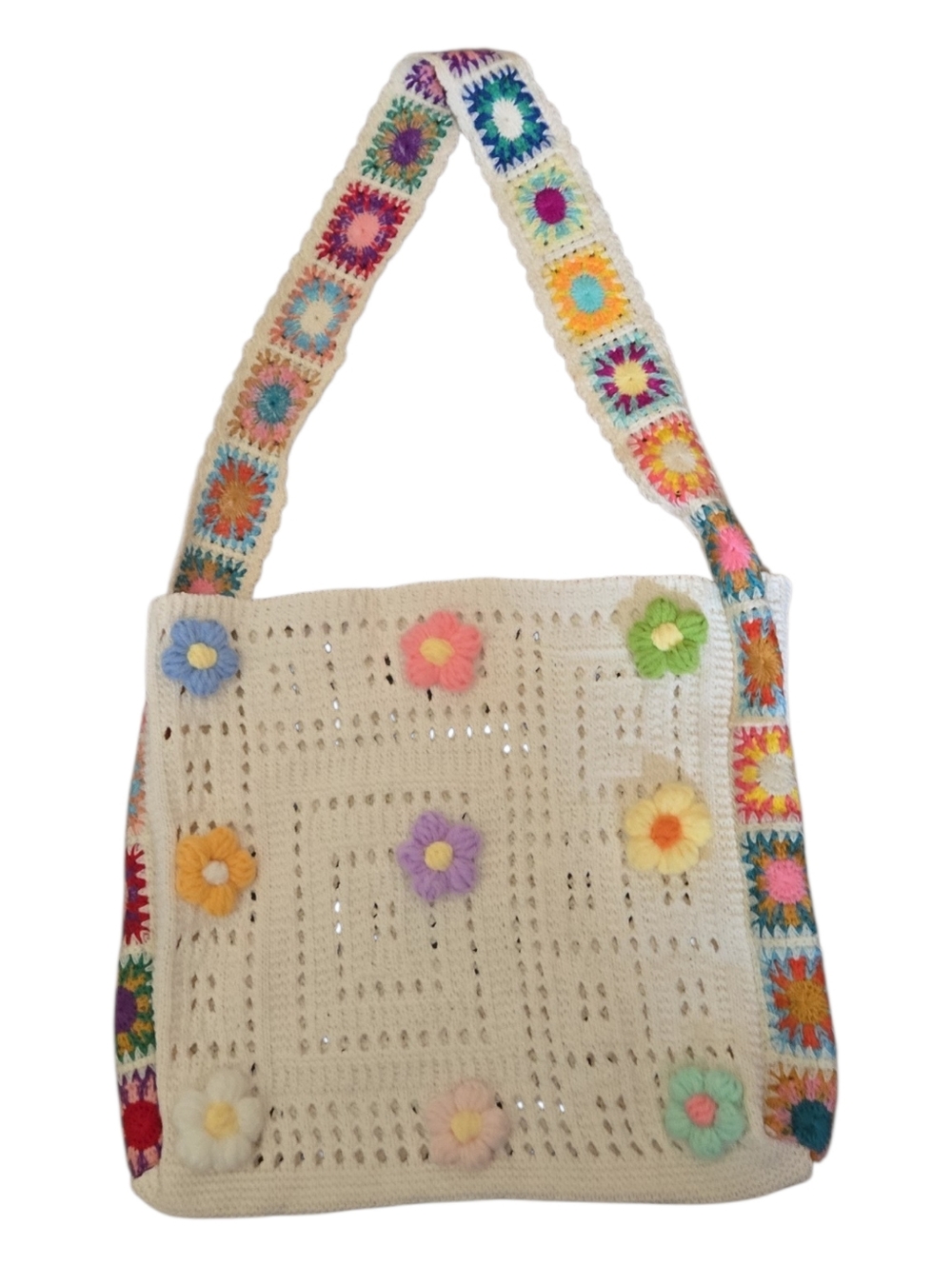 Crochet Granny Square Tote • Handmade Floral Bag • Boho Pastel Shoulder Purse